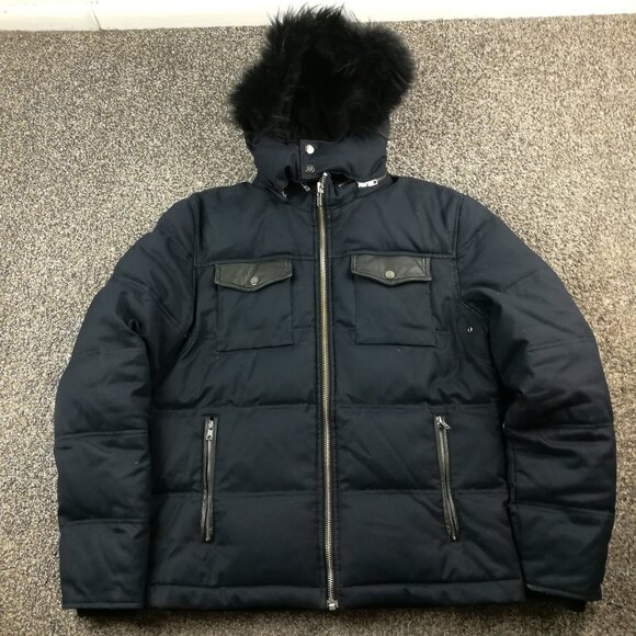 The Kooples Jacket Wool Down Puffer Raccoon Fur Lined Hood Navy Blue Mens Medium - Picture 1 of 9